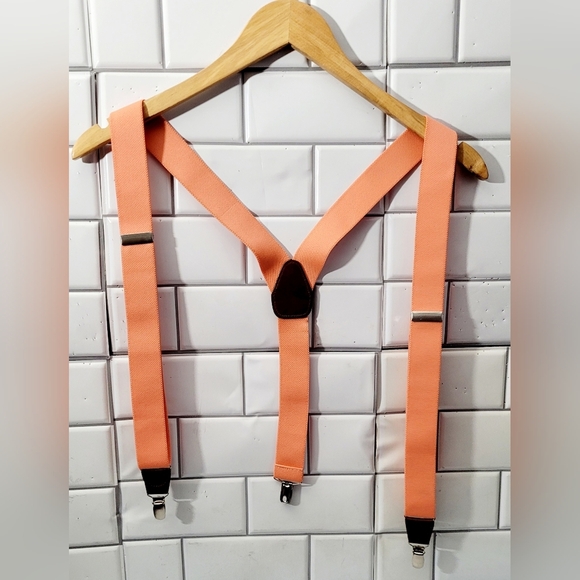 Mens Nylon Stretch Suspenders Braces Color Peach Melon Silver Faux Brown Leather - Picture 1 of 5